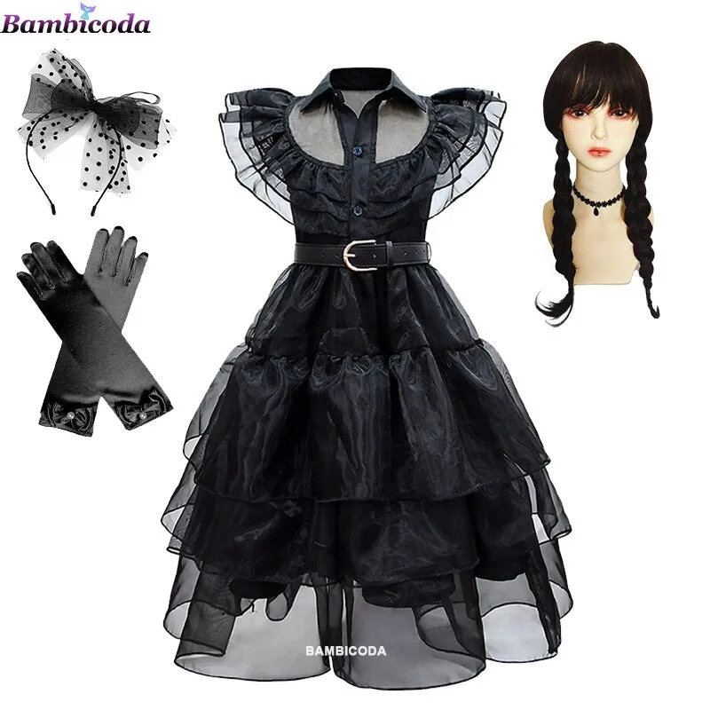 Wednesday Addams Cosplay For Girl Costume 2023 New Vestidos For Kids Girls Mesh Party Dresses Carnival Costumes 3-10 Years Old