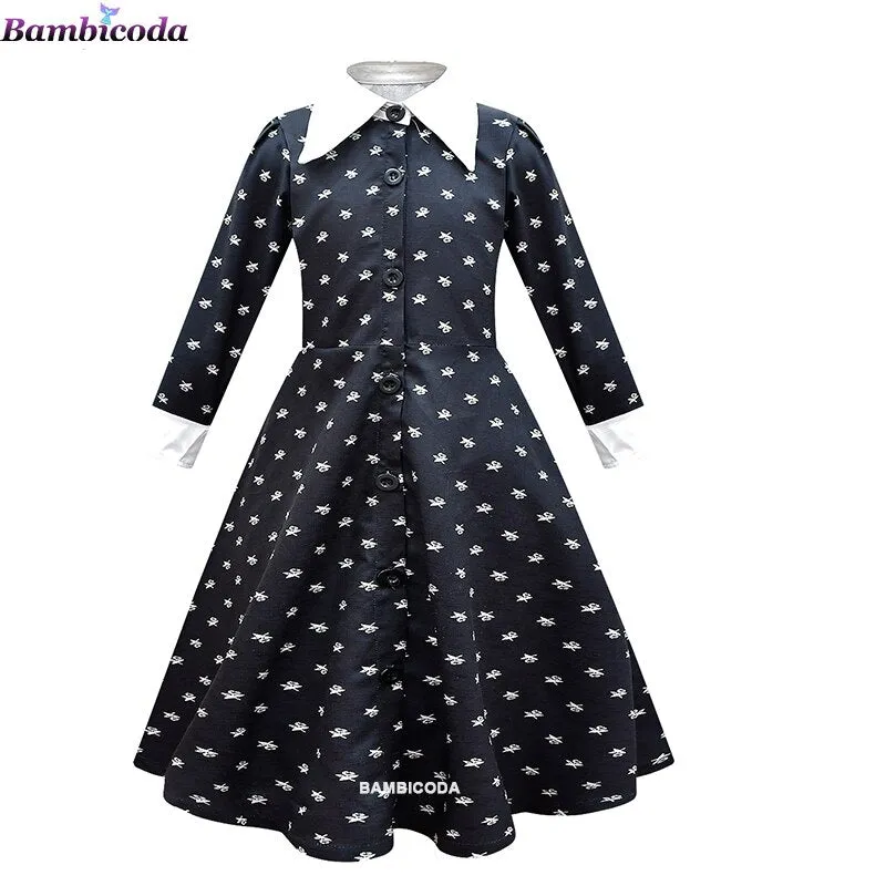 Wednesday Addams Cosplay For Girl Costume 2023 New Vestidos For Kids Girls Mesh Party Dresses Carnival Costumes 3-10 Years Old