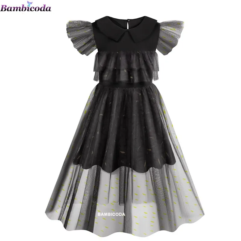 Wednesday Addams Cosplay For Girl Costume 2023 New Vestidos For Kids Girls Mesh Party Dresses Carnival Costumes 3-10 Years Old