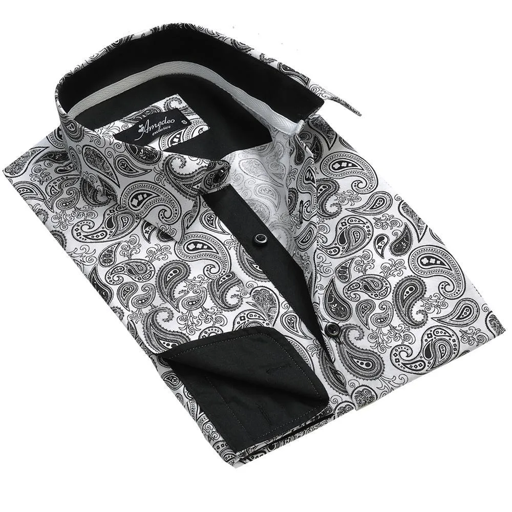 White and Grey Mens Slim Fit French Cuff Shirts with Cufflink Holes - Casual and Formal