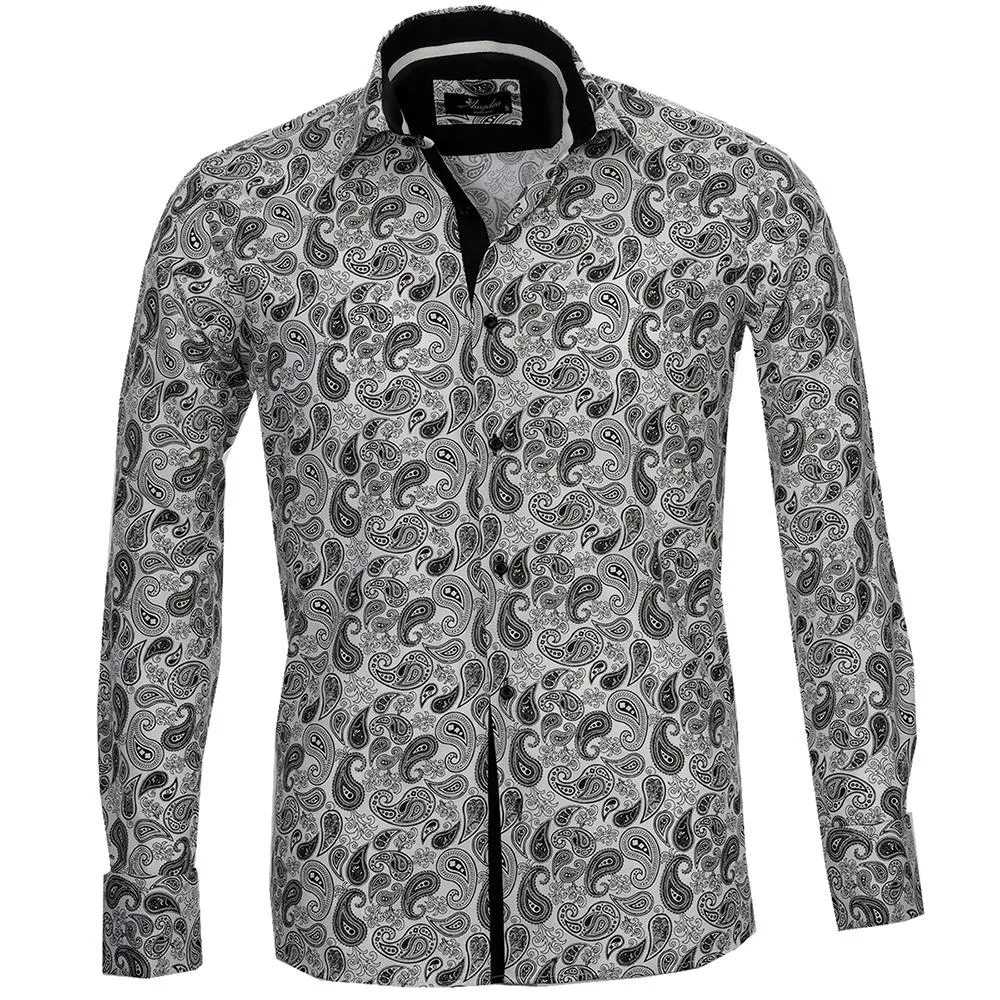 White and Grey Mens Slim Fit French Cuff Shirts with Cufflink Holes - Casual and Formal