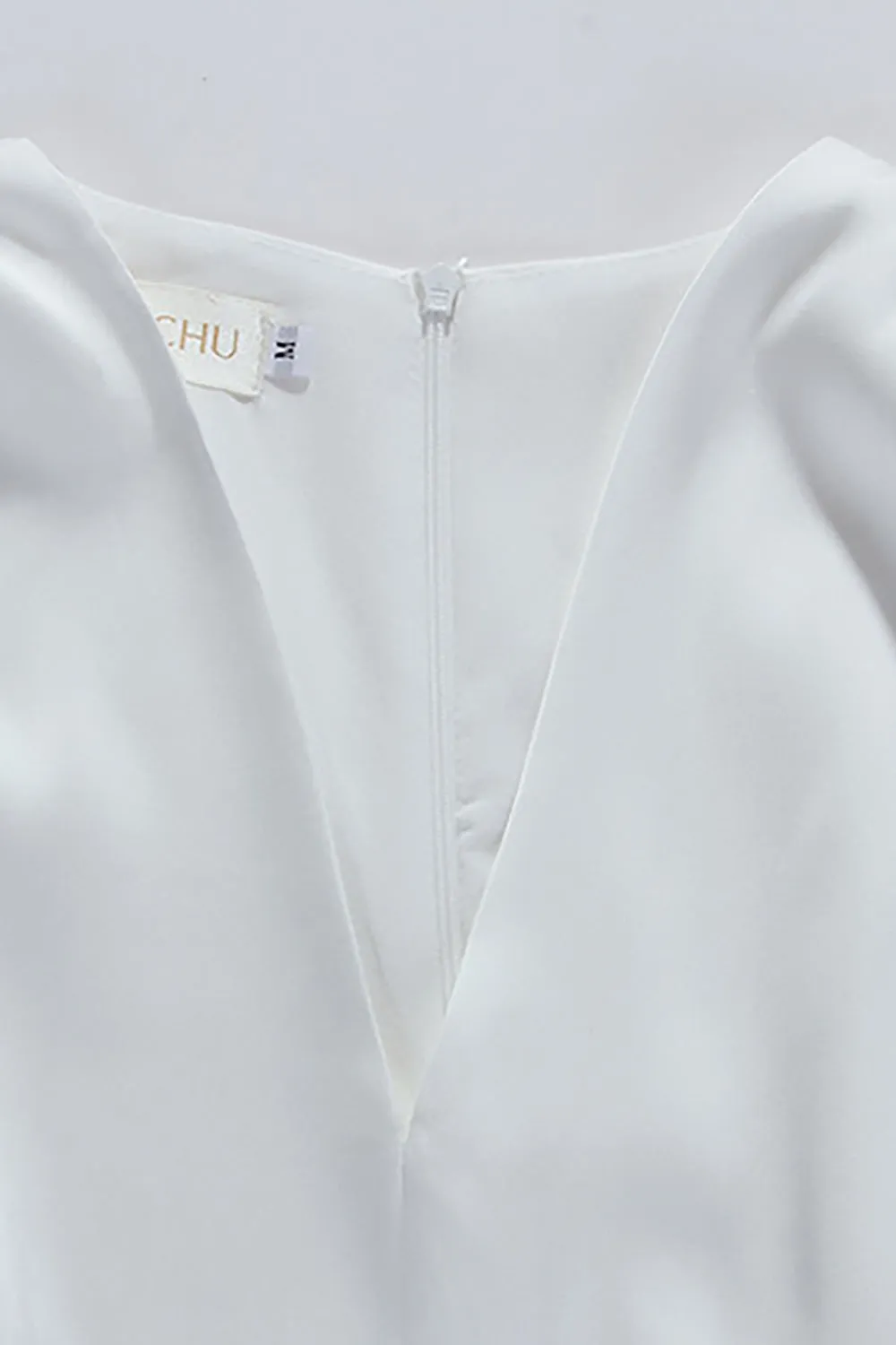 White Deep V Lantern Long Sleeve A-LIne Dress
