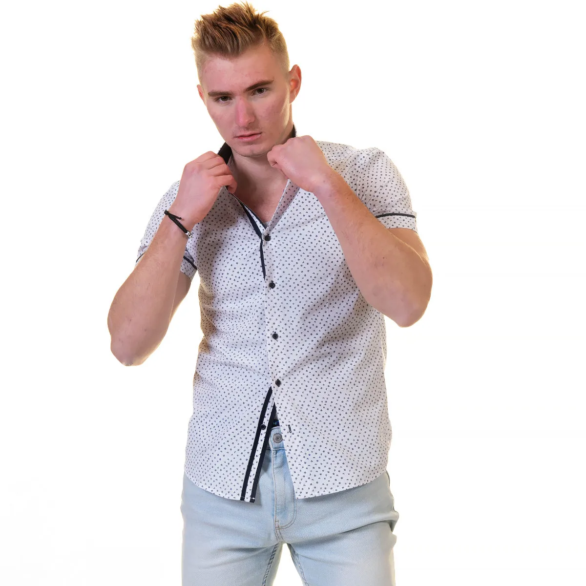 White Doted Short Sleeve Button up Shirts for Men - Tailored Slim Fit Cotton Dress Shirts
