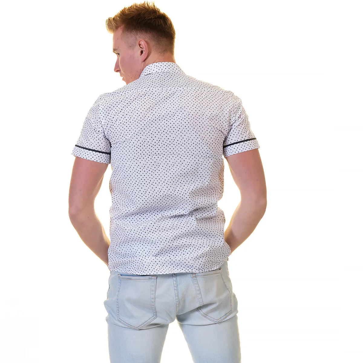 White Doted Short Sleeve Button up Shirts for Men - Tailored Slim Fit Cotton Dress Shirts