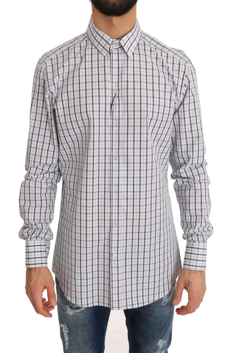 White Gray Check Cotton GOLD Slim Shirt