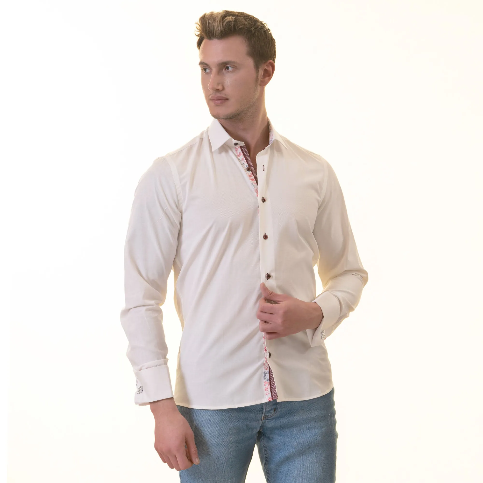 White insdei Red Floral Mens Slim Fit Designer French Cuff Shirt - tailored Cotton Shirts for Work and Casual Wear