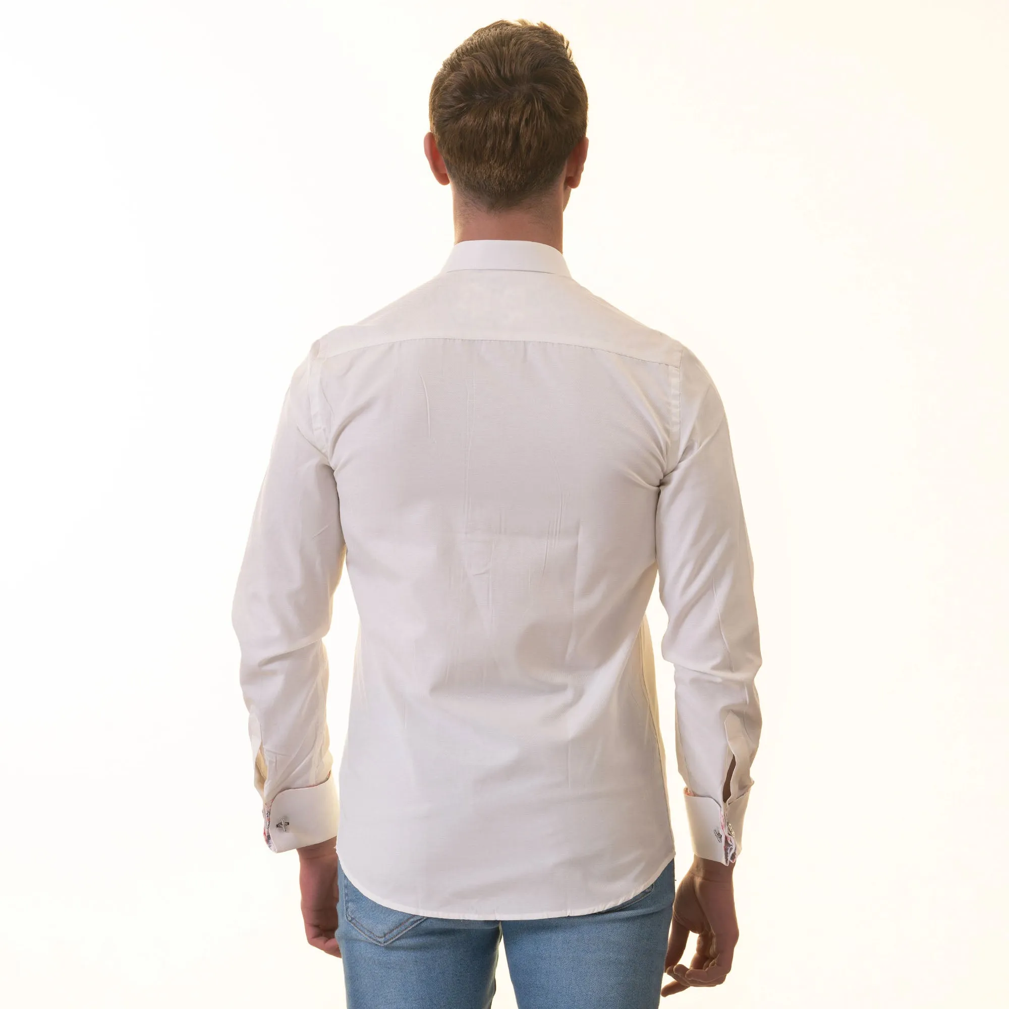 White insdei Red Floral Mens Slim Fit Designer French Cuff Shirt - tailored Cotton Shirts for Work and Casual Wear