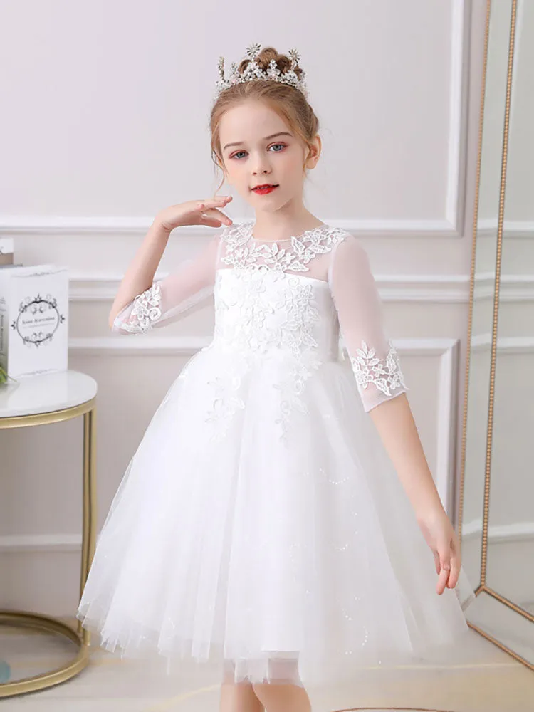 White Jewel Neck 3/4 Length Sleeves Tulle Polyester Cotton Flowers Formal Kids Pageant flower girl dresses