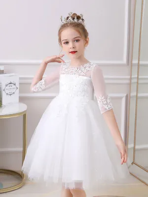 White Jewel Neck 3/4 Length Sleeves Tulle Polyester Cotton Flowers Formal Kids Pageant flower girl dresses