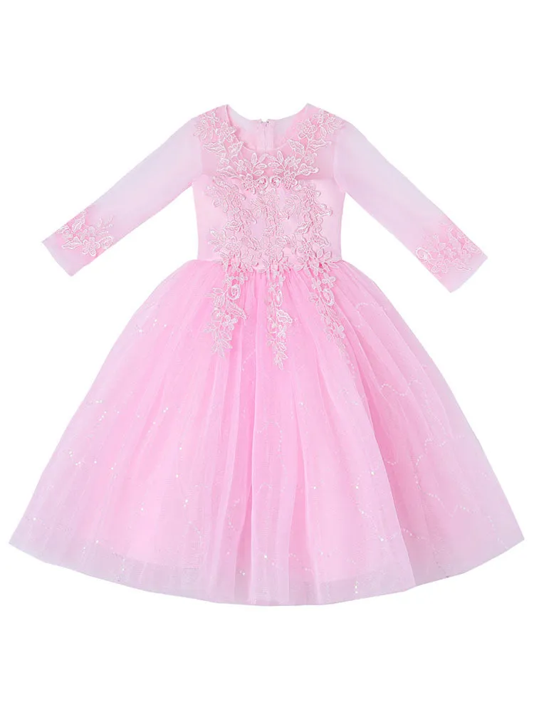 White Jewel Neck 3/4 Length Sleeves Tulle Polyester Cotton Flowers Formal Kids Pageant flower girl dresses
