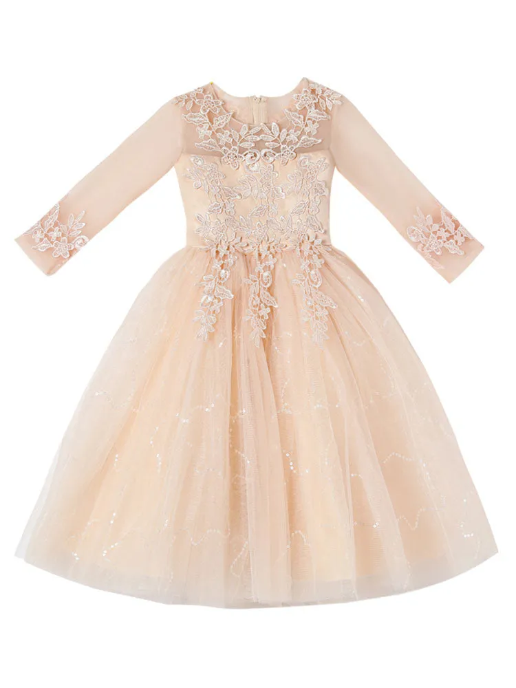 White Jewel Neck 3/4 Length Sleeves Tulle Polyester Cotton Flowers Formal Kids Pageant flower girl dresses
