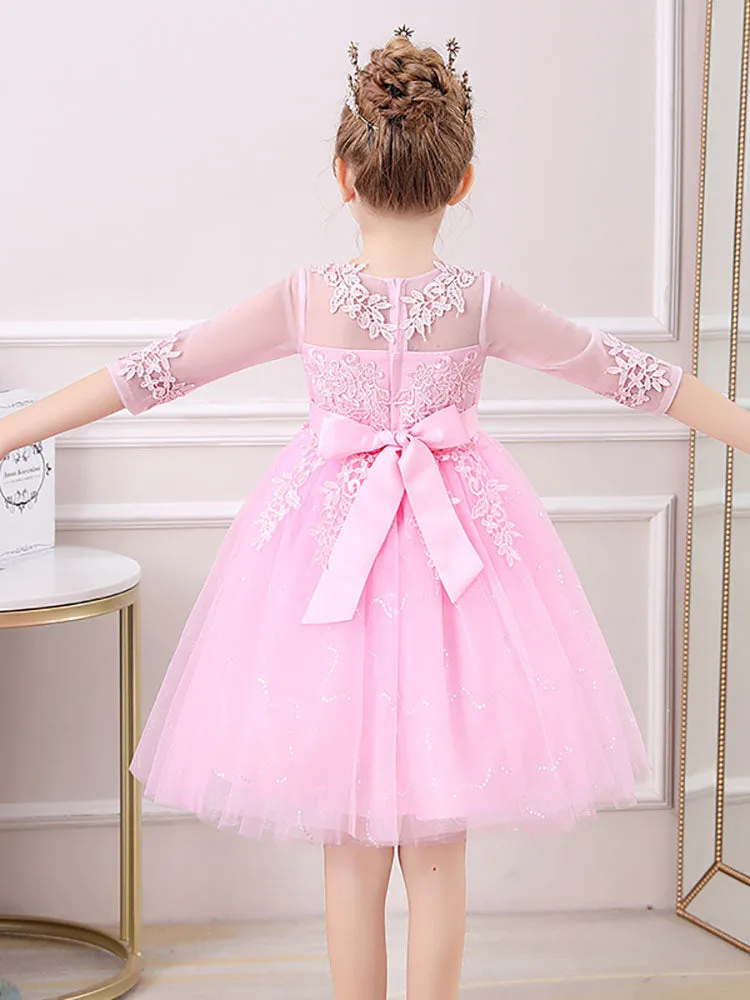 White Jewel Neck 3/4 Length Sleeves Tulle Polyester Cotton Flowers Formal Kids Pageant flower girl dresses