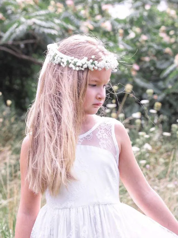 White Jewel Neck Sleeveless Sash Lace Formal Kids Pageant flower girl dresses