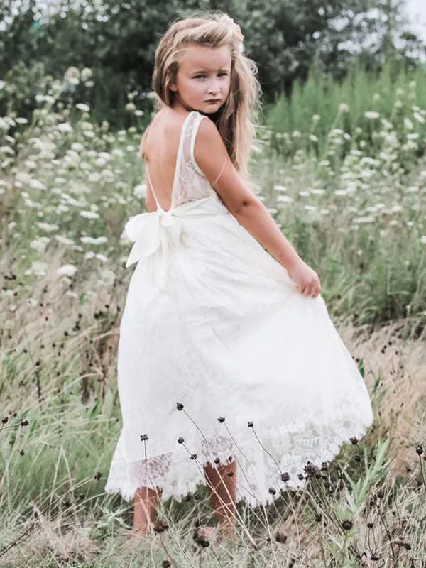 White Jewel Neck Sleeveless Sash Lace Formal Kids Pageant flower girl dresses