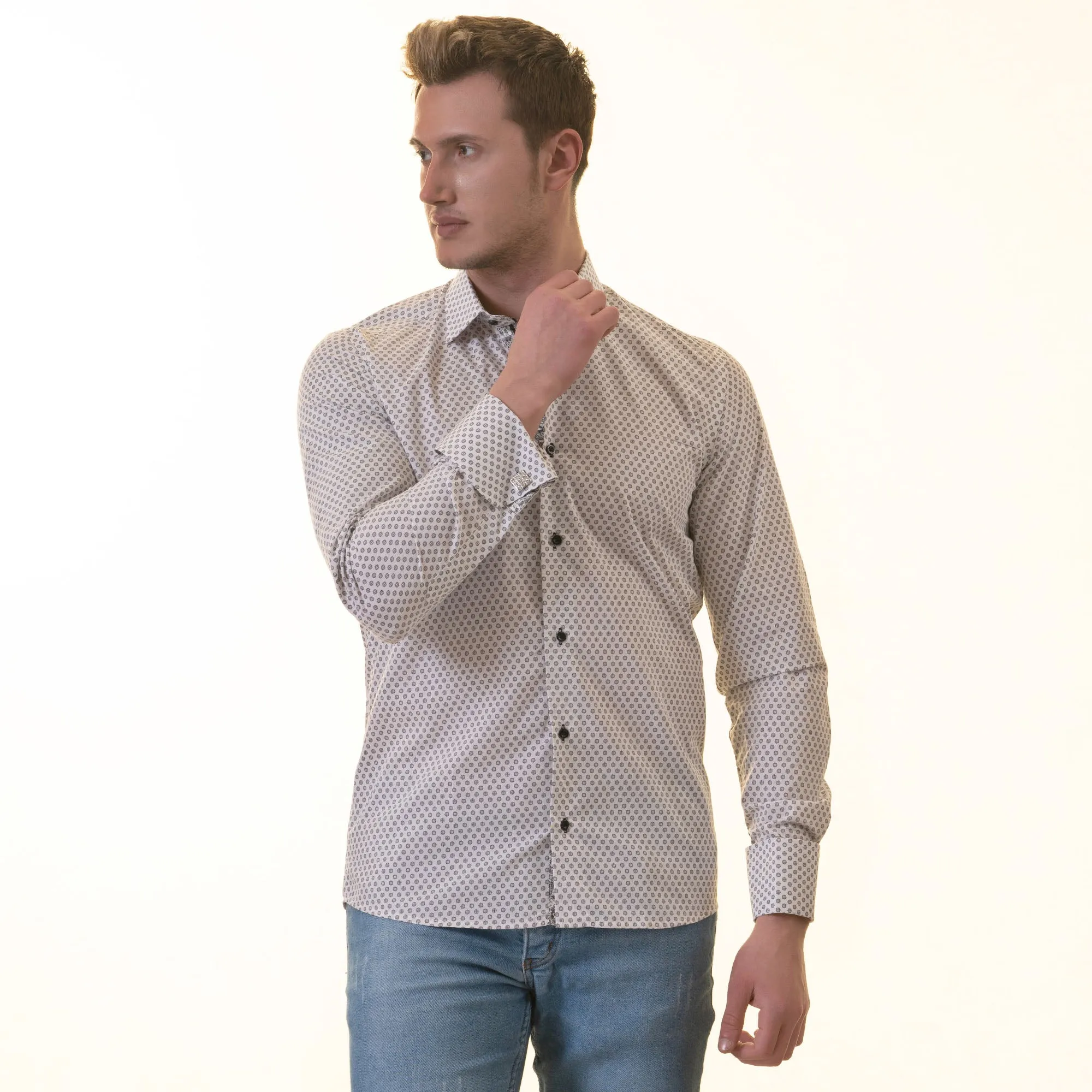 White Polka Dot Printed  Mens Slim Fit Designer French Cuff Shirt