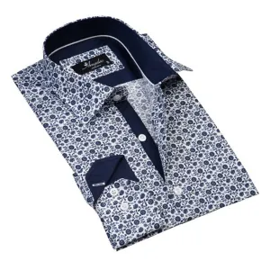 White with Blue Floral Mens Slim Fit Designer Dress Shirt - tailored
