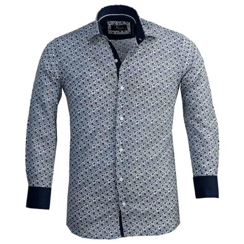 White with Blue Floral Mens Slim Fit Designer Dress Shirt - tailored