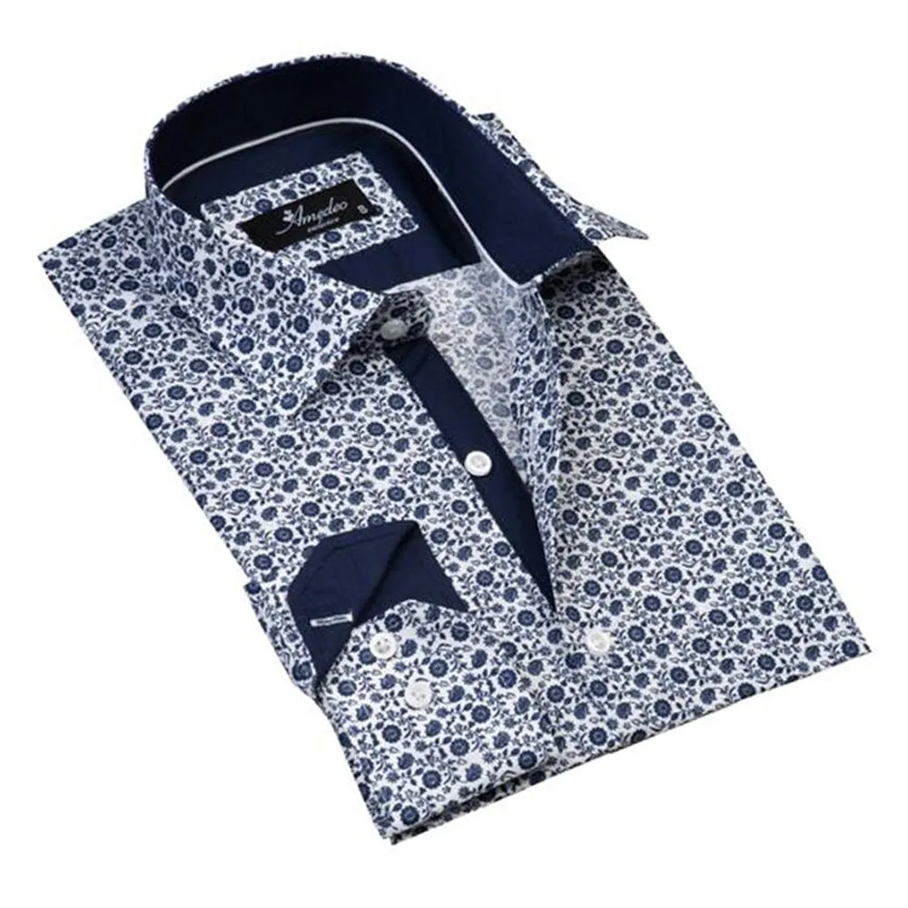 White with Blue Floral Mens Slim Fit Designer Dress Shirt - tailored