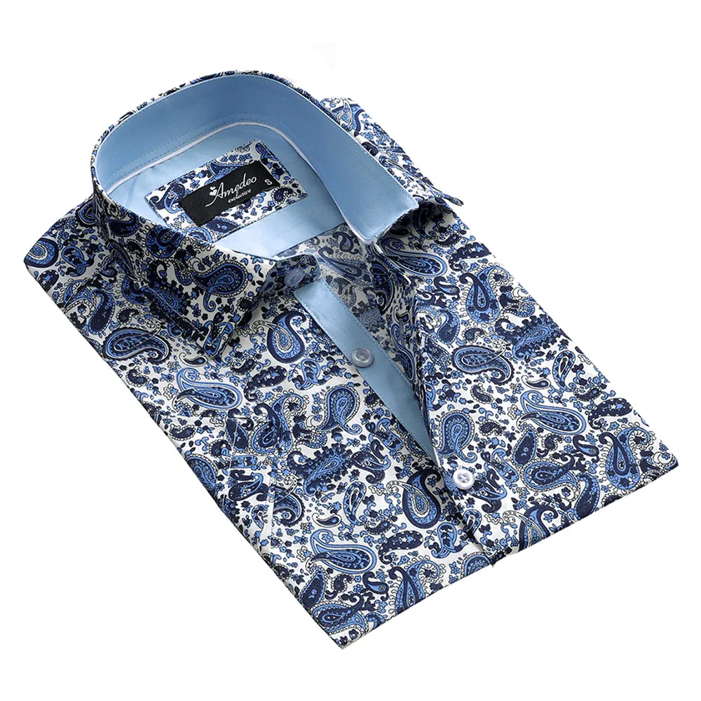 White with Blue Paisley Mens Short Sleeve Button up Shirts - Tailored Slim Fit Cotton Dress Shirts