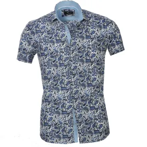 White with Blue Paisley Mens Short Sleeve Button up Shirts - Tailored Slim Fit Cotton Dress Shirts