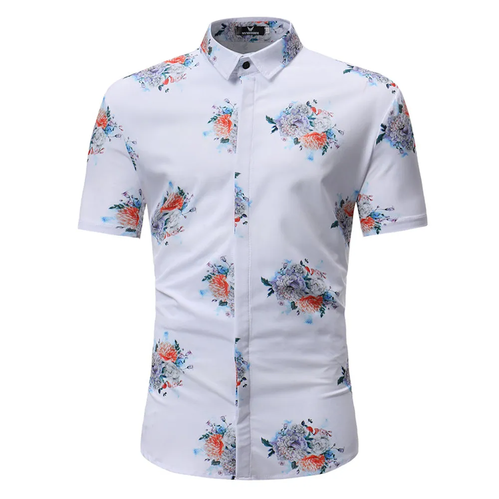 White with Colorful Floral Check Mens Short Sleeve Button up Shirts - Tailored Slim Fit Cotton Dress