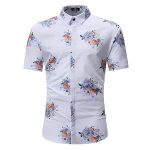 White with Colorful Floral Check Mens Short Sleeve Button up Shirts - Tailored Slim Fit Cotton Dress