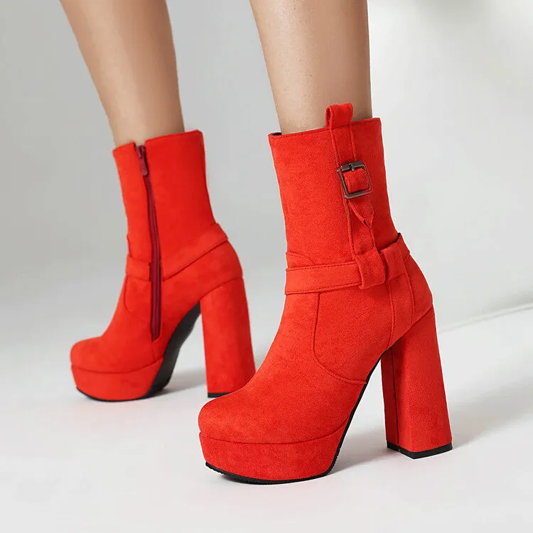 Women's Buckle Strap Round Toe Block High Heel Platform Short Boots