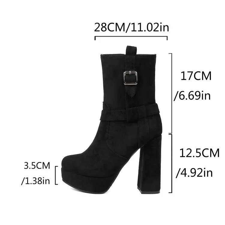 Women's Buckle Strap Round Toe Block High Heel Platform Short Boots