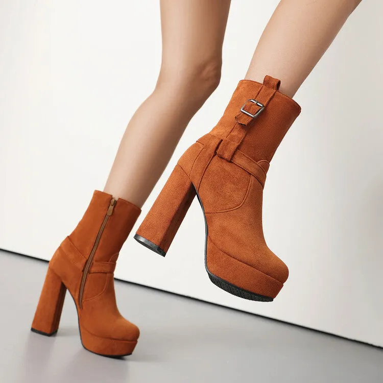 Women's Buckle Strap Round Toe Block High Heel Platform Short Boots