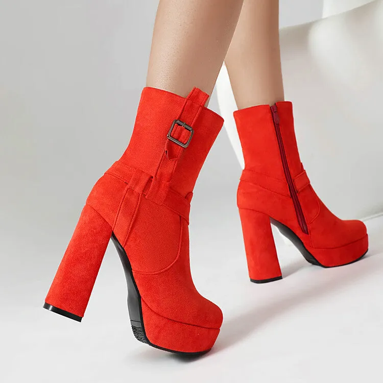 Women's Buckle Strap Round Toe Block High Heel Platform Short Boots