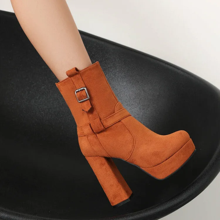 Women's Buckle Strap Round Toe Block High Heel Platform Short Boots