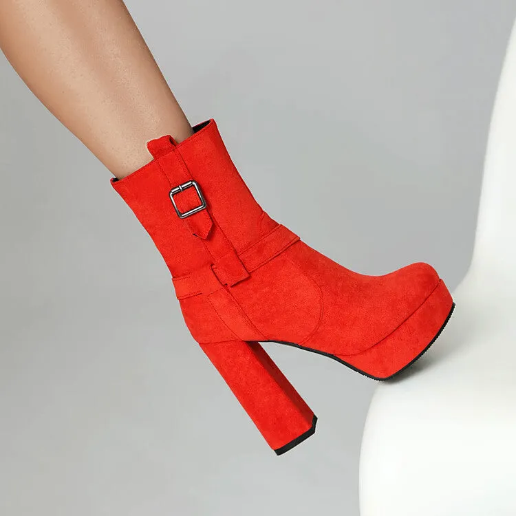 Women's Buckle Strap Round Toe Block High Heel Platform Short Boots