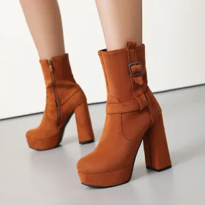 Women's Buckle Strap Round Toe Block High Heel Platform Short Boots