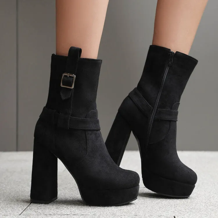 Women's Buckle Strap Round Toe Block High Heel Platform Short Boots