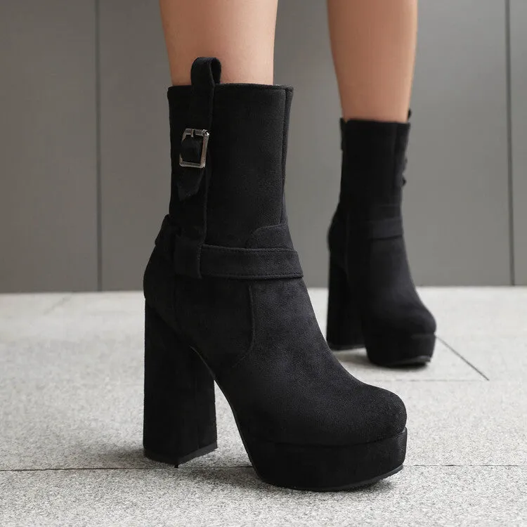 Women's Buckle Strap Round Toe Block High Heel Platform Short Boots