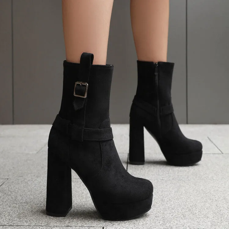 Women's Buckle Strap Round Toe Block High Heel Platform Short Boots
