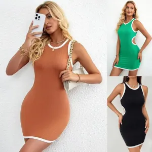 Women's Clothing 2025 Europe and America Cross Border Summer New Rib Sunken Stripe Midriff Outfit Hip-Wrapped Sleeveless Female Dress
