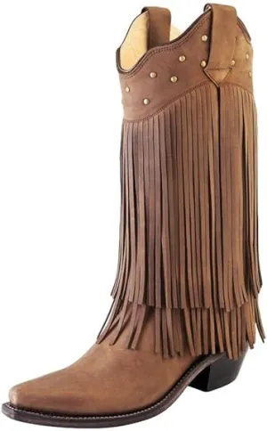 Women's Cowboy Country Western Boots Handmade Brown Leather Fringed LF1585E