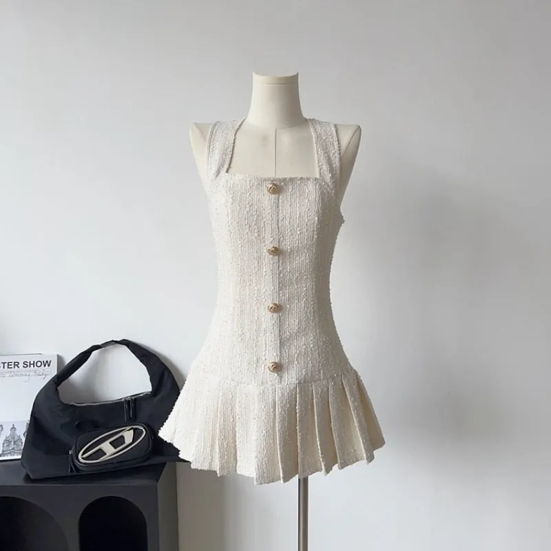 Womens Dresses Summer Gold Button Tweed Halterneck Strap Dress Korean Style A-line Elegant Party Evening Dress Mini Dress