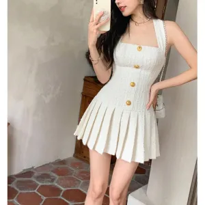 Womens Dresses Summer Gold Button Tweed Halterneck Strap Dress Korean Style A-line Elegant Party Evening Dress Mini Dress