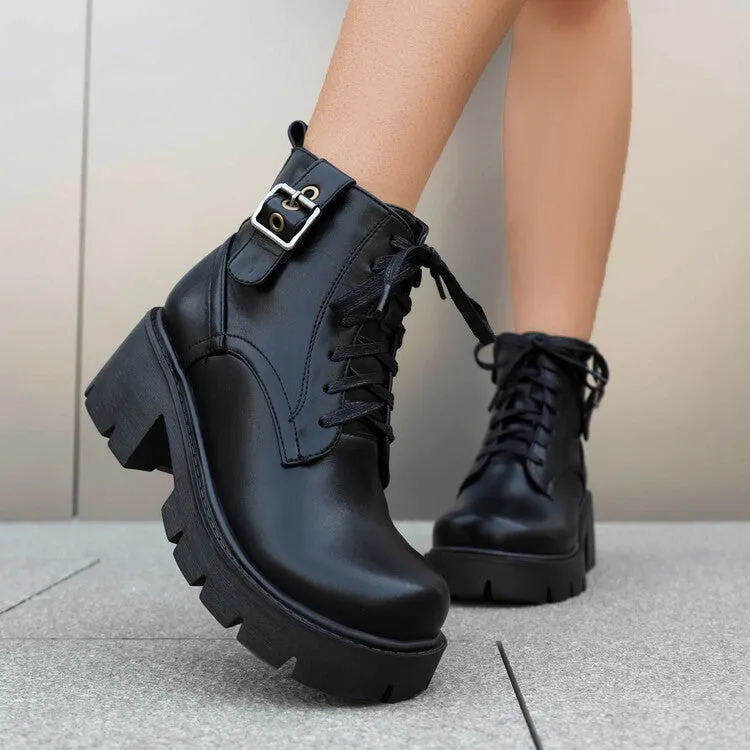 Women's Lace-Up Square Toe Block Heel Platform Ankle Boots