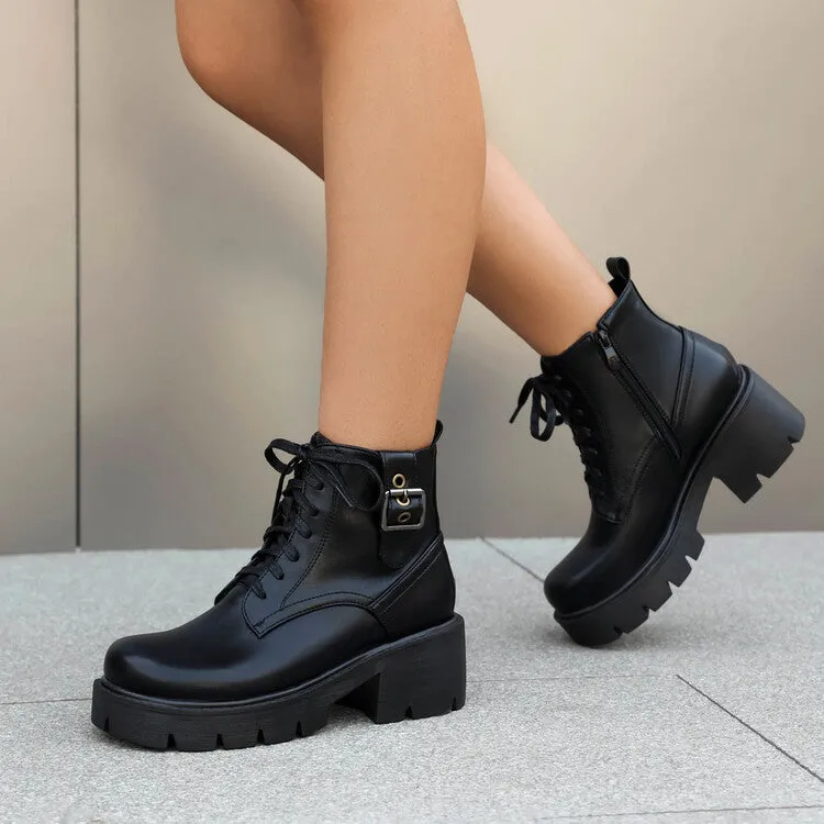 Women's Lace-Up Square Toe Block Heel Platform Ankle Boots