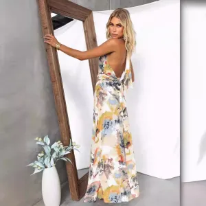 Women’s Maxi Dress – Abstract Print – Deep V-Back – Lightweight Relaxed Fit