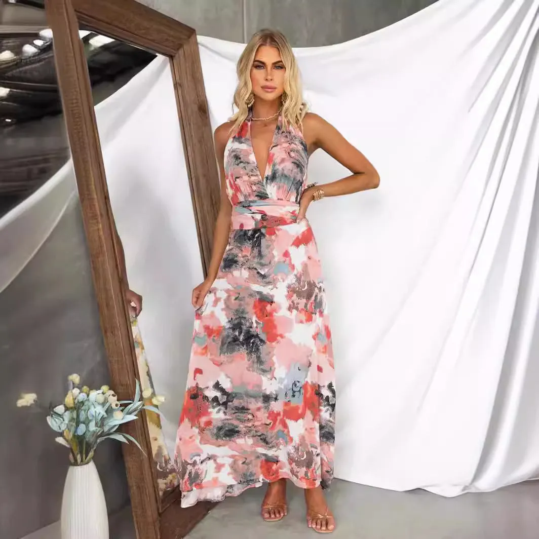 Women’s Maxi Dress – Abstract Print – Deep V-Back – Lightweight Relaxed Fit