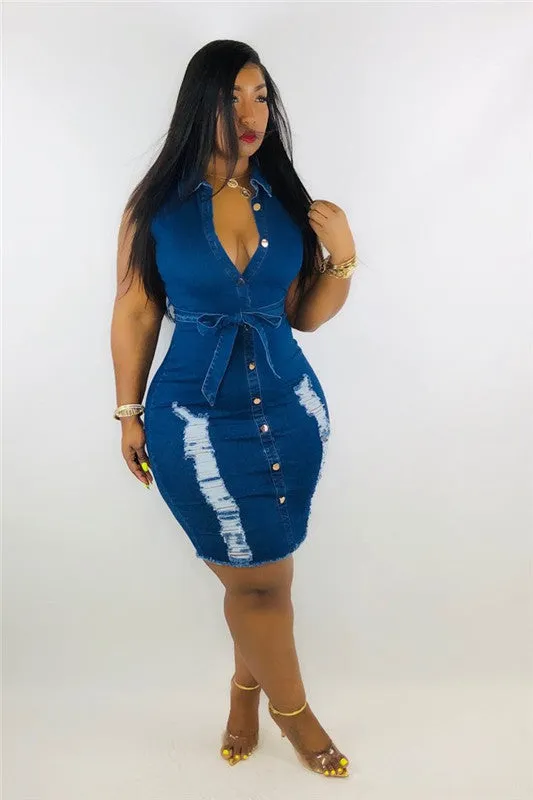 Women's One-piece Dress Denim Sleeveless Package Hip Skirt