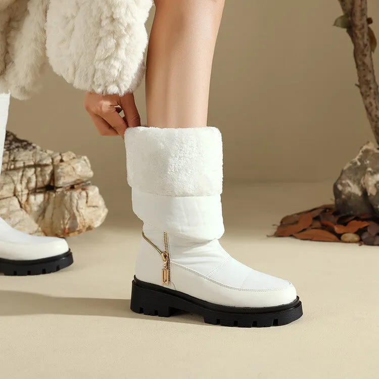 Women's Plush Down Waterproof Flat Platform Mid Calf Snow Boots