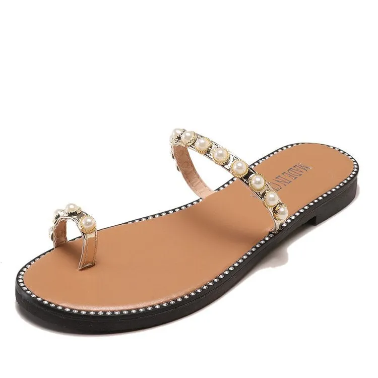 Women's Sandals and Slippers Summer Set of Toe Pineapple Pearl Decoration Low-heeled Flat-bottom Light Lady Wearing