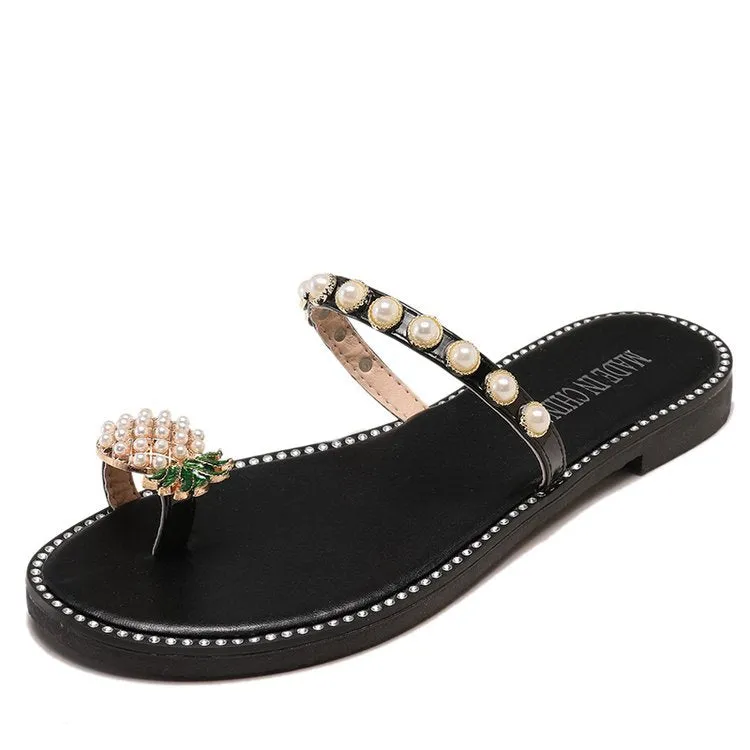 Women's Sandals and Slippers Summer Set of Toe Pineapple Pearl Decoration Low-heeled Flat-bottom Light Lady Wearing