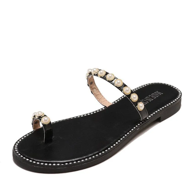 Women's Sandals and Slippers Summer Set of Toe Pineapple Pearl Decoration Low-heeled Flat-bottom Light Lady Wearing