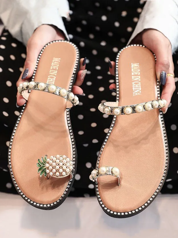 Women's Sandals and Slippers Summer Set of Toe Pineapple Pearl Decoration Low-heeled Flat-bottom Light Lady Wearing